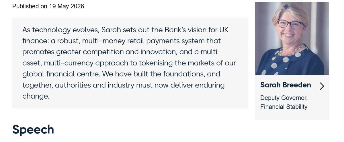 Portrait of Sarah Breeden, BoE Deputy Governor, smiling with glasses and polka dot top, next to speech text.