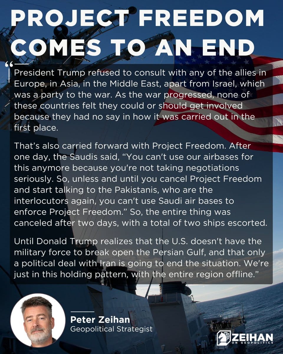 Graphic with large text 'PROJECT FREEDOM COMES TO AN END' and a quote from Peter Zeihan overlaid on a photo of a U.S. naval ship flying an American flag, including a circular portrait of...