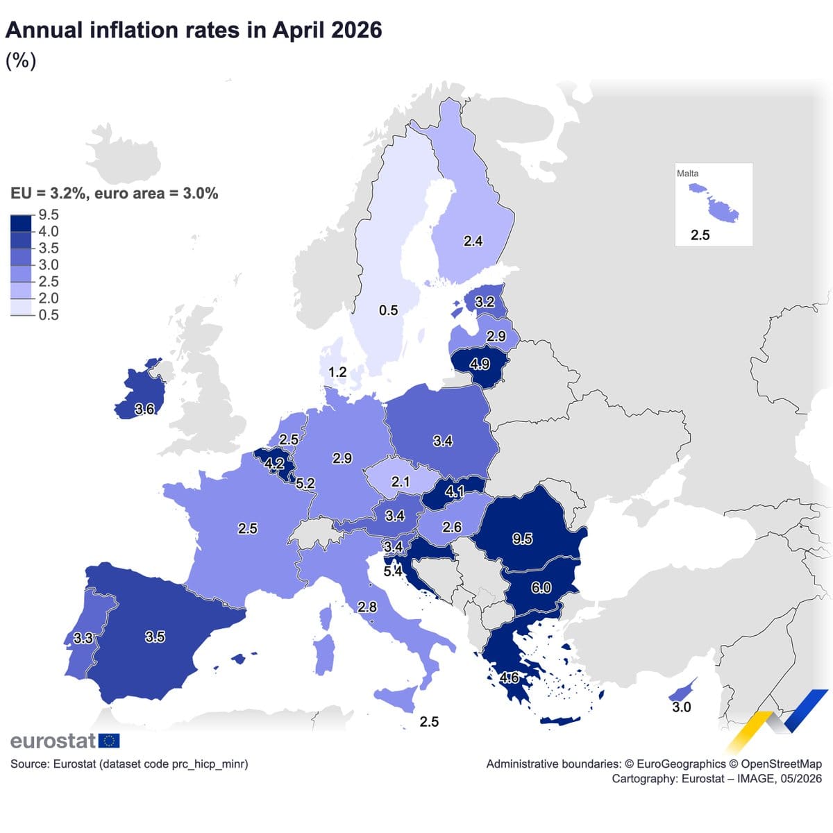 Choropleth map of Europe showing annual inflation rates in April 2026 by country with color scale from 0.5% to 9.5%.