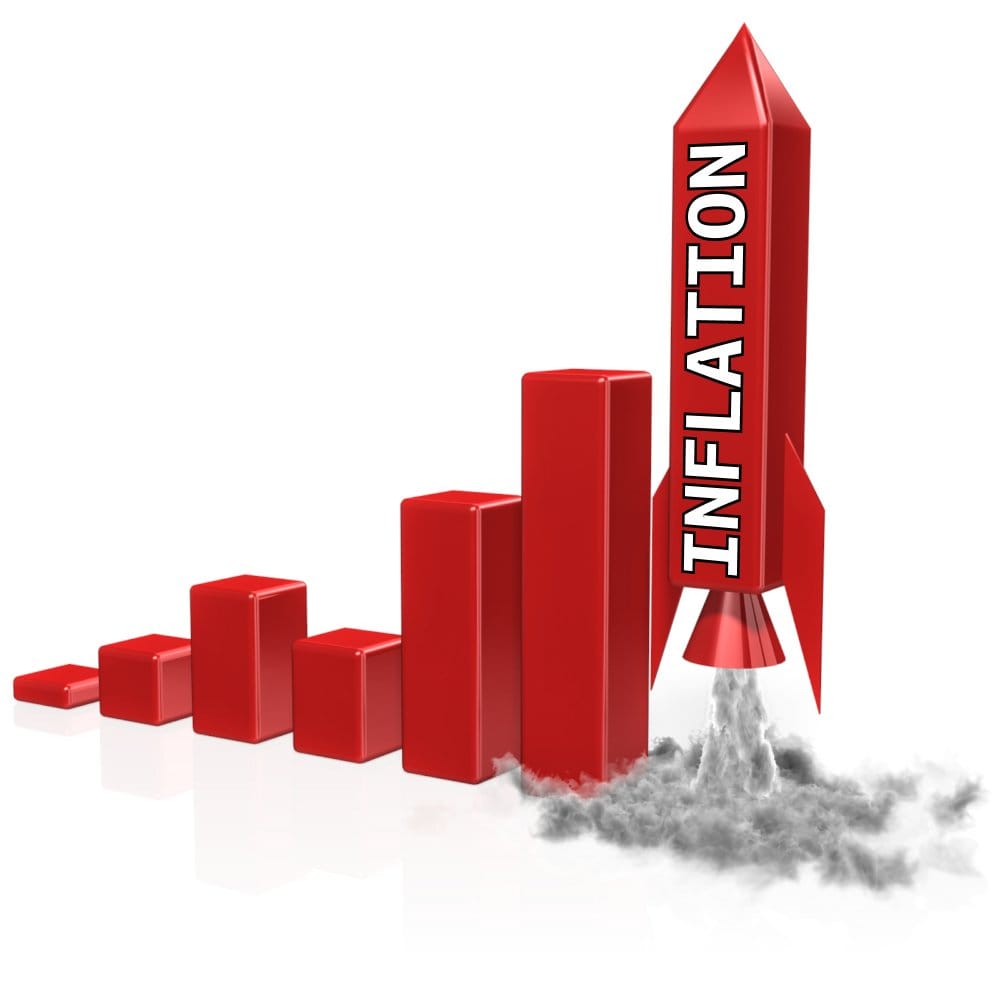 3D illustration of increasing red bars with a rocket labeled 'INFLATION' launching from the tallest bar and emitting smoke.