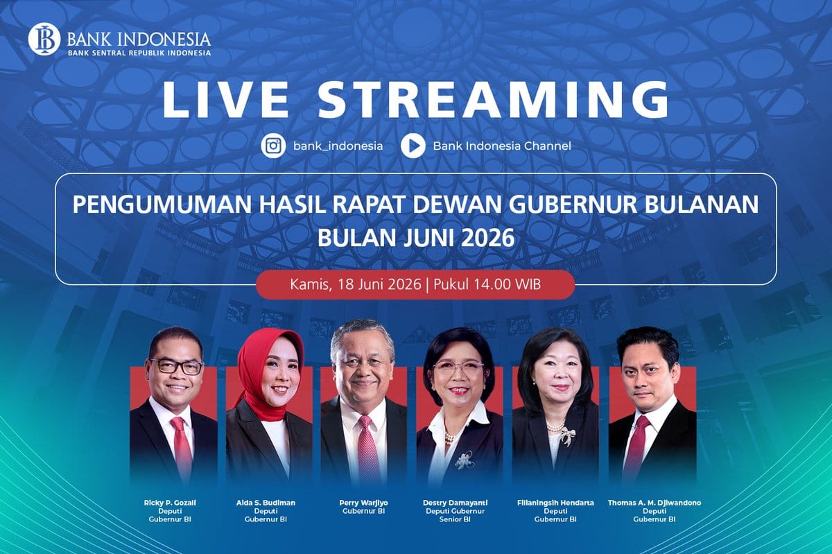 Bank Indonesia live streaming graphic for June 2026 governor's meeting results announcement with six official portraits.