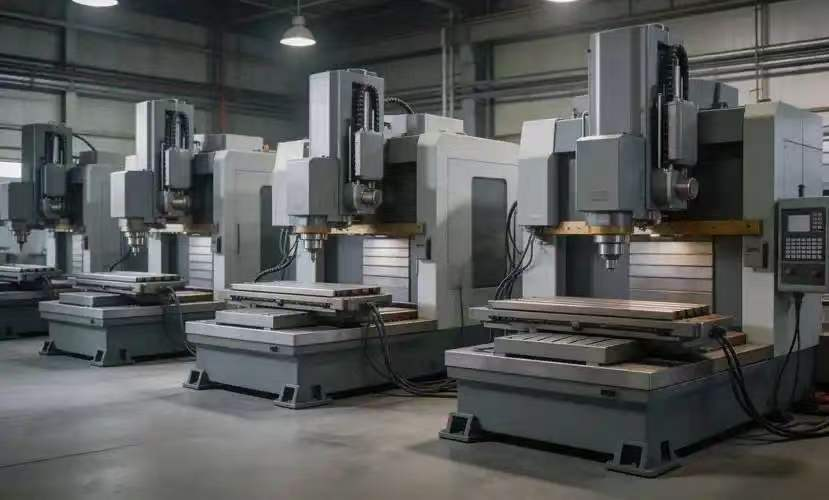 Multiple large CNC milling machines lined up in a factory interior.