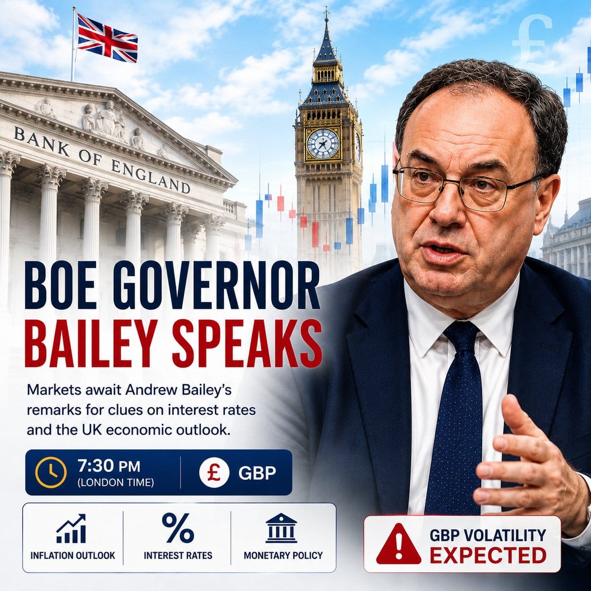 Composite graphic of Andrew Bailey in front of Bank of England building and Big Ben, with overlaid text 'BOE GOVERNOR BAILEY SPEAKS' and financial indicators.