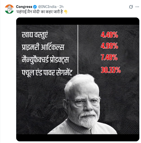 Tweet screenshot with Hindi text labels and red percentages 4.49%, 4.99%, 7.48%, 30.33% above a black-and-white photo of Narendra Modi.