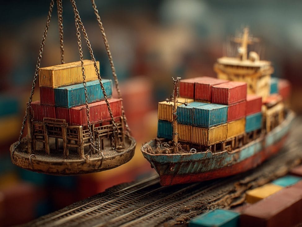 Miniature cargo ship loaded with colorful shipping containers next to a hanging scale with stacked containers on a track.