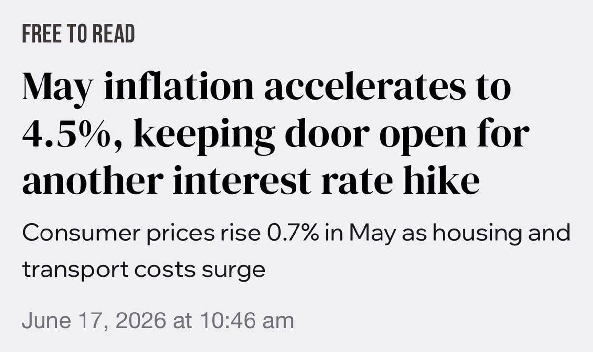 News headline graphic: 'May inflation accelerates to 4.5%, keeping door open for another interest rate hike' with subtext on 0.7% May consumer price rise due to housing and transport...