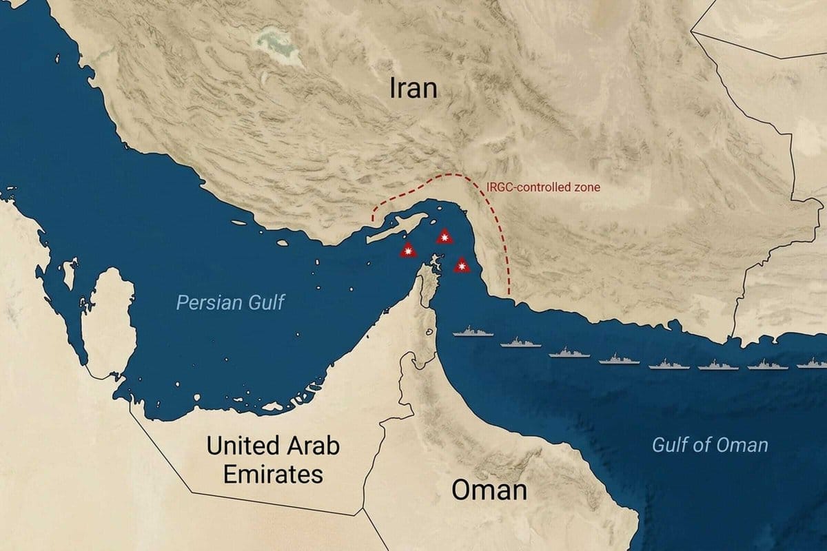 Map of the Strait of Hormuz region showing Iran, Persian Gulf, Oman, Gulf of Oman, naval vessels, and an IRGC-controlled zone with dashed line and red stars.