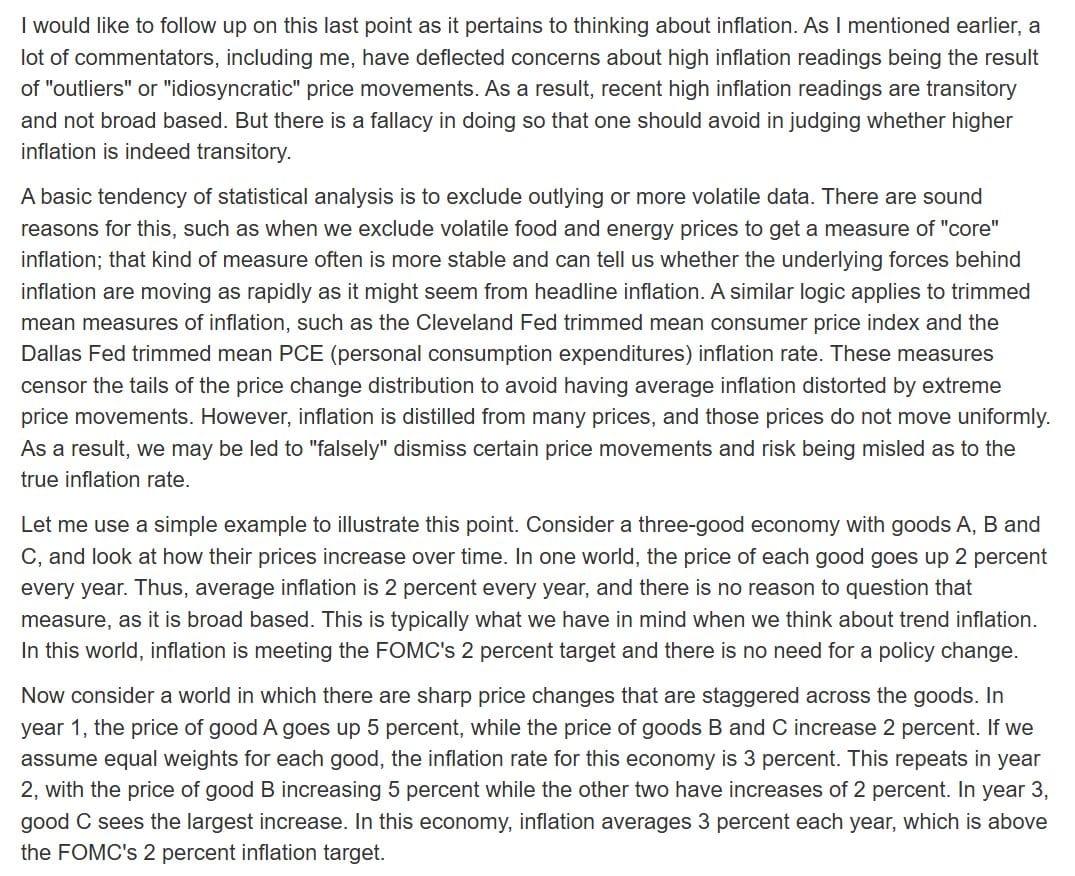 Screenshot of text from Christopher Waller's speech discussing inflation outliers and trimmed mean measures.