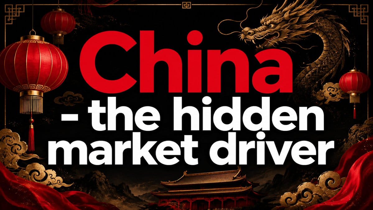 Dark graphic with red lanterns, golden dragon, and text 'China - the hidden market driver' above a traditional Chinese building.