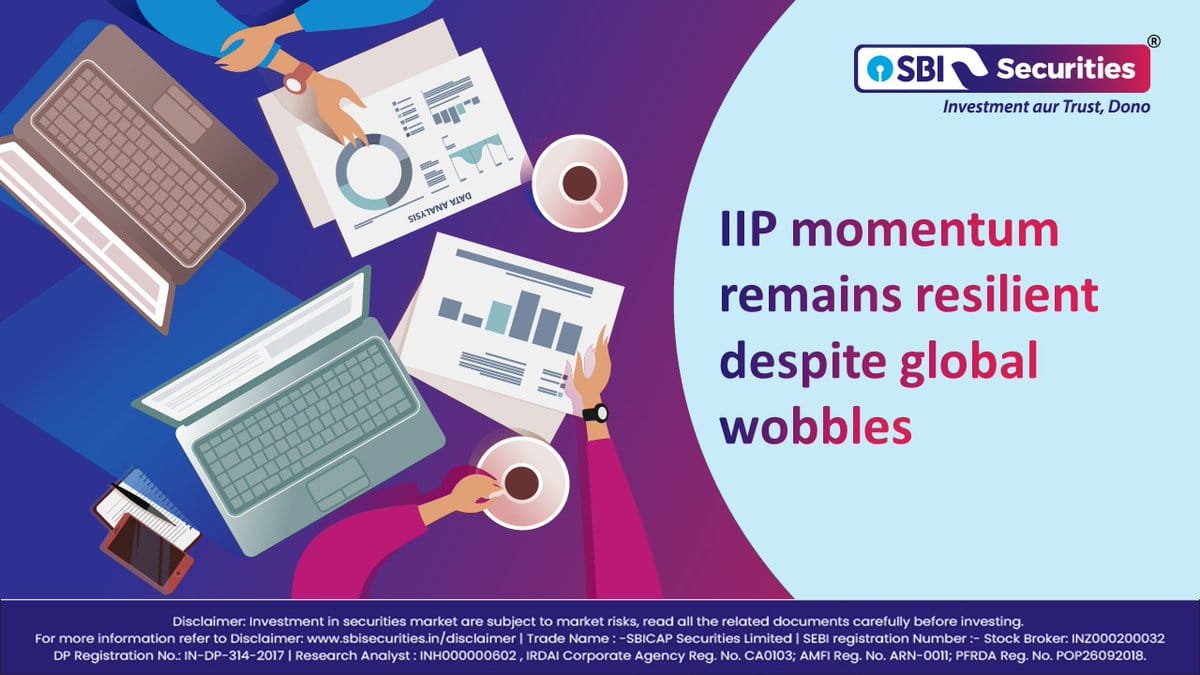 Illustration of laptops, papers with charts, hands pointing at data, coffee cups, and SBI Securities logo on purple-blue background.