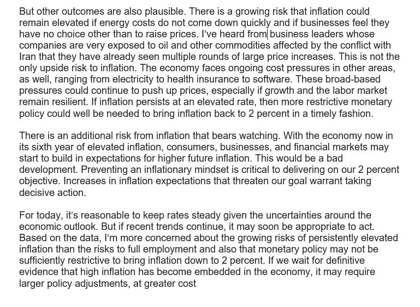 Block of text from a speech discussing inflation risks, elevated prices, and monetary policy adjustments.