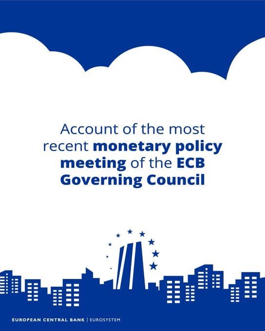 ECB graphic with title 'Account of the most recent monetary policy meeting of the ECB Governing Council' and logo over city skyline.