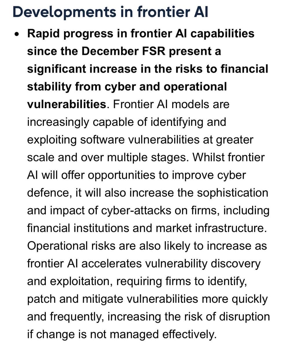 Screenshot of text excerpt from Bank of England report titled 'Developments in frontier AI' discussing risks from AI capabilities.