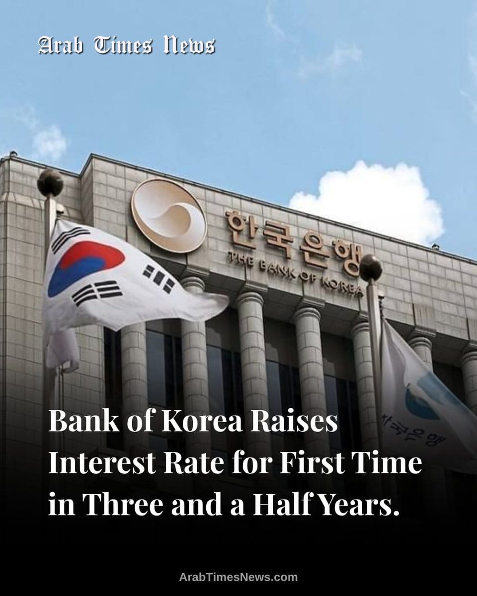 Exterior of the Bank of Korea headquarters building with South Korean flag and another flag waving in front under a blue sky.
