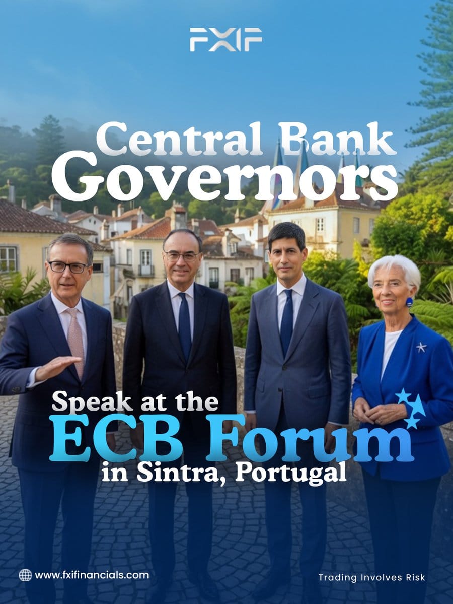 Four central bank governors standing outdoors in Sintra, Portugal, with text overlay 'Central Bank Governors Speak at the ECB Forum in Sintra, Portugal' and FXIF logo.