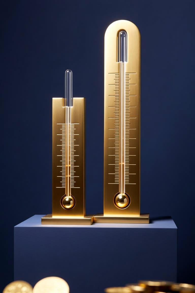Two golden thermometers of different heights on a blue pedestal against a dark blue background, with gold coins in the foreground.