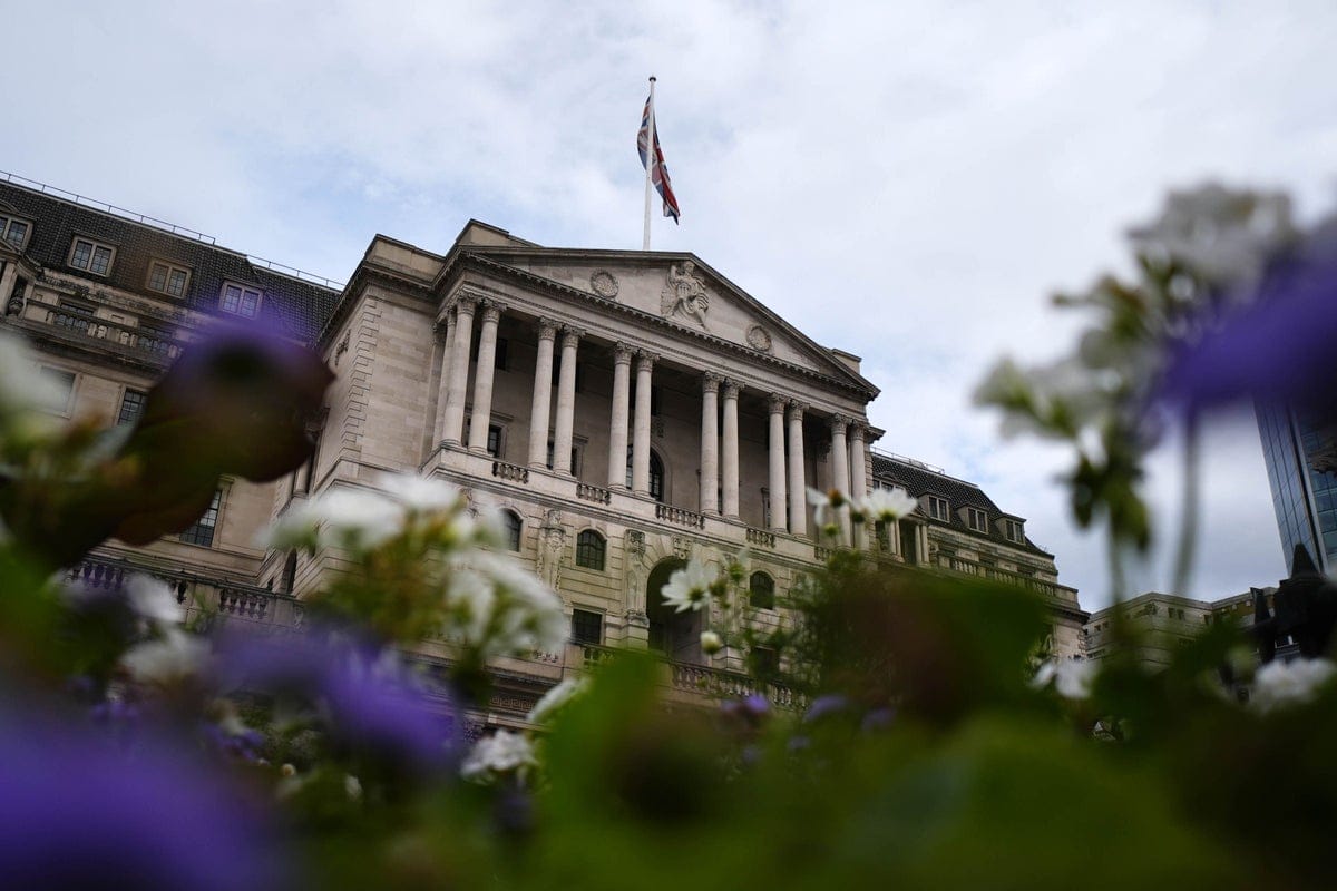 Bank of England building in London with Union Jack flag on roof, viewed past blurred foreground flowers and greenery.