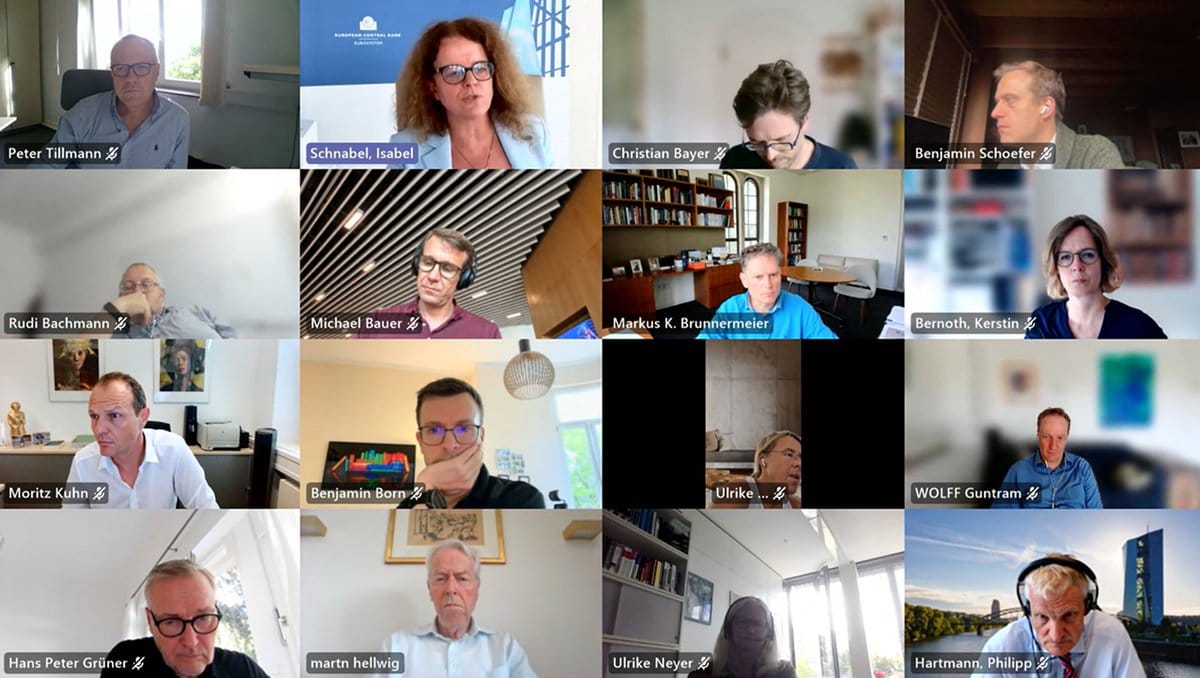 Grid of 16 video conference participants including Isabel Schnabel in the top row.