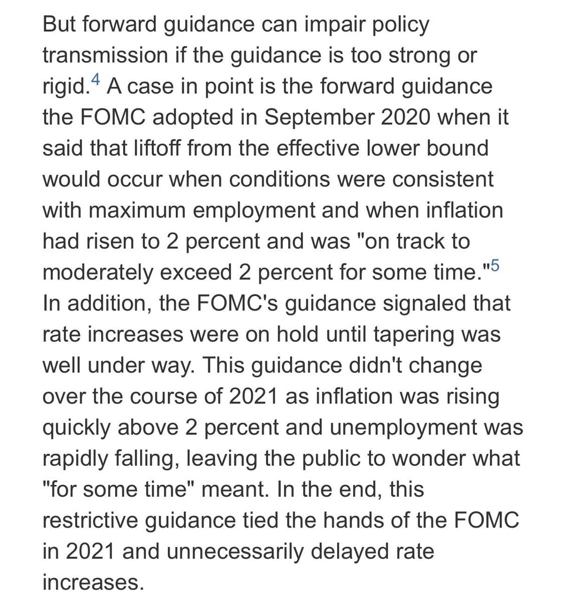 Screenshot of black text on white background from a speech discussing FOMC forward guidance, September 2020 policy, and 2021 inflation impacts.