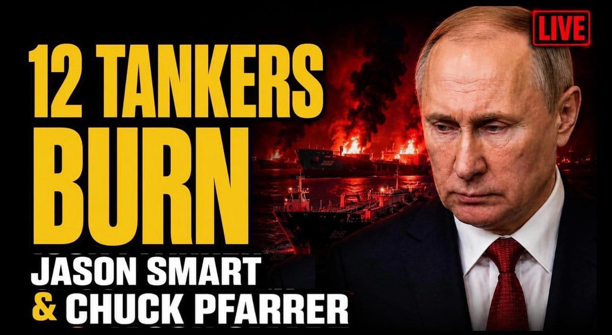 Composite graphic showing Vladimir Putin on the right with burning oil tankers at night in the background and large yellow text '12 TANKERS BURN'.