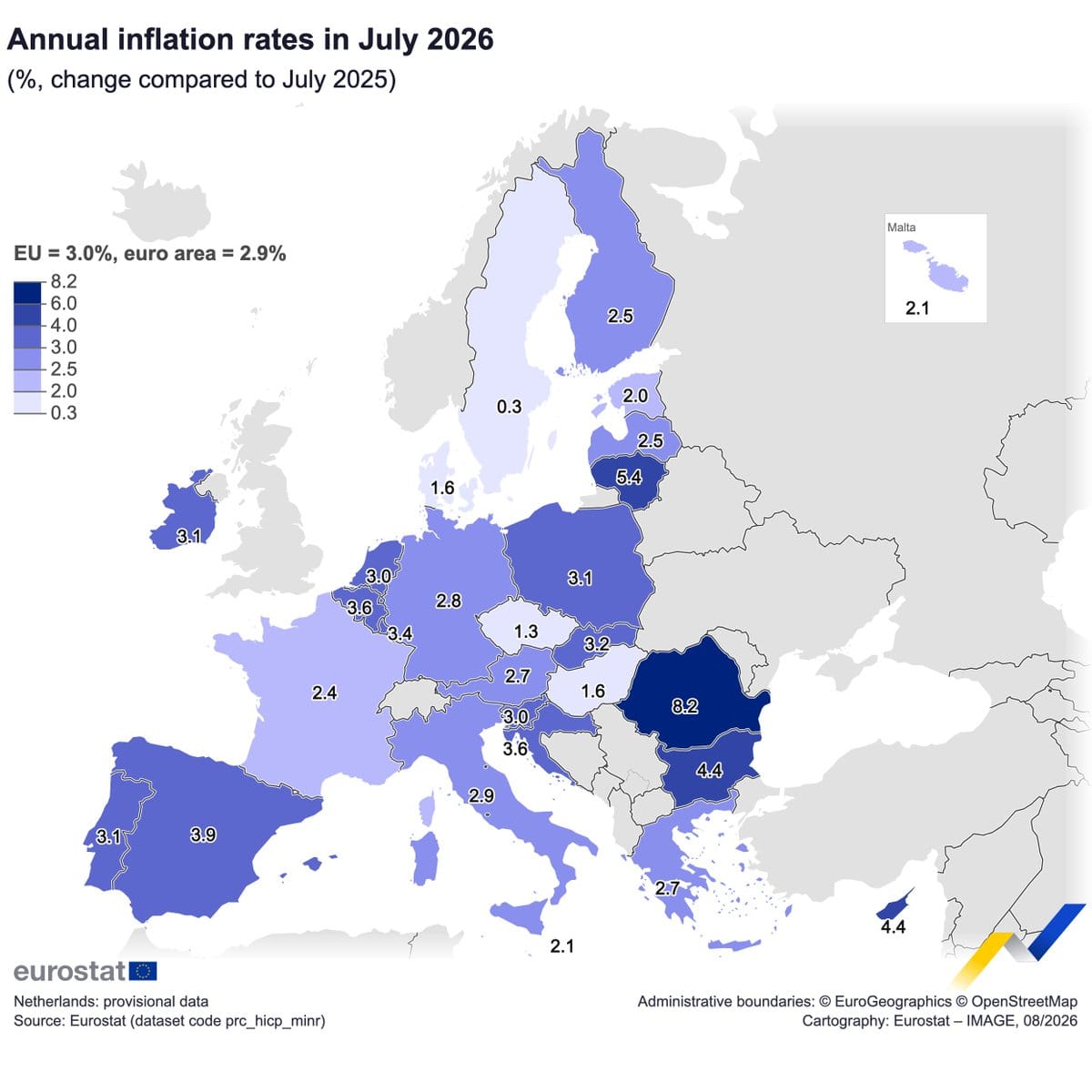 Eurostat choropleth map of Europe showing annual HICP inflation rates by country for July 2026, with EU at 3.0% and euro area at 2.9%.