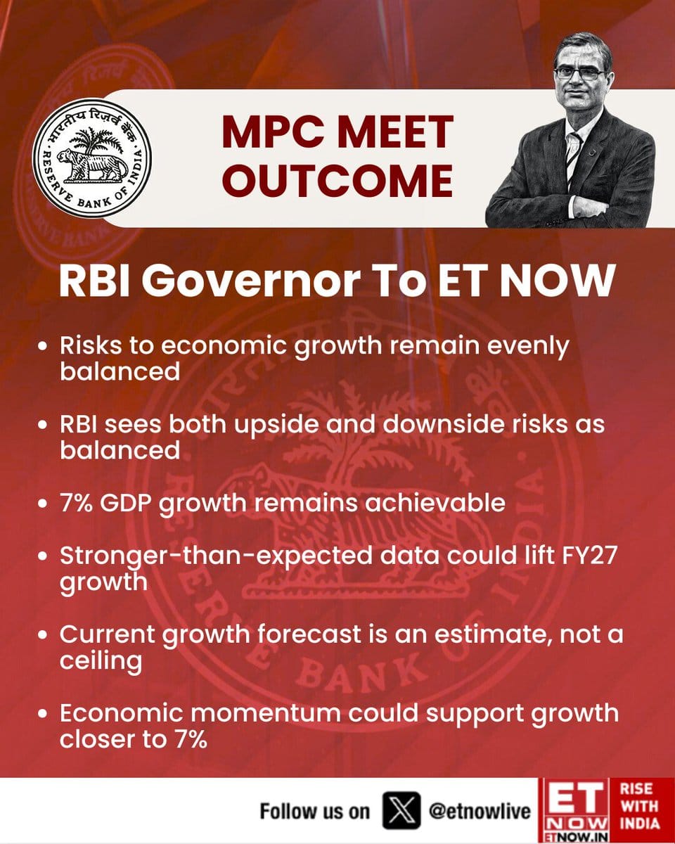 ET Now infographic on RBI MPC meet outcome with governor photo, RBI seal, and bullets on balanced growth risks and FY27 GDP outlook.