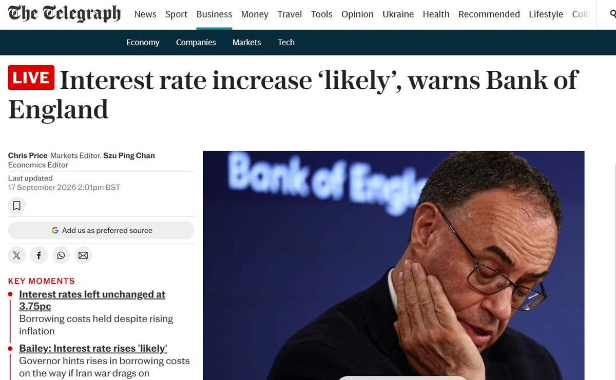 Telegraph webpage with BoE rates headline and a photo of a man in glasses holding his cheek against a Bank of England backdrop.