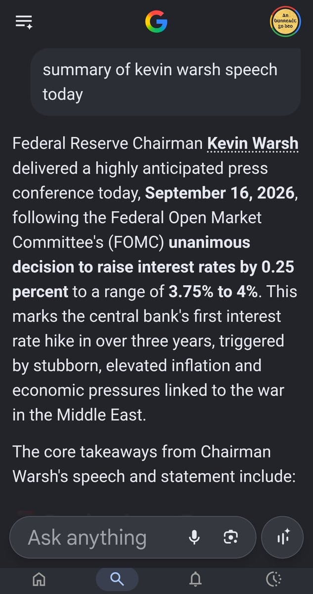 Mobile screenshot of a Google result summarizing Kevin Warsh’s Sept. 16, 2026 FOMC press conference and a 25bp rate hike to 3.75%–4%.