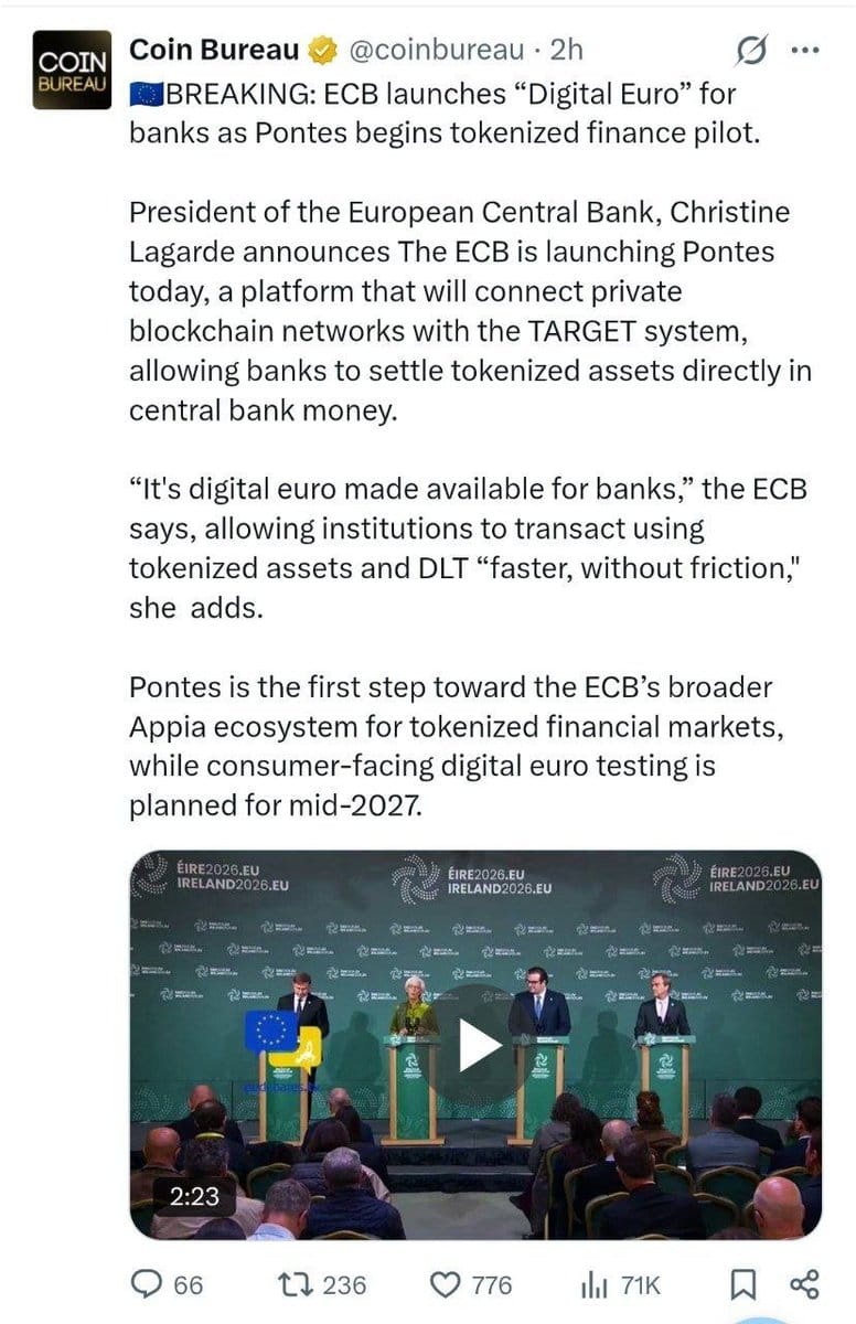 Coin Bureau tweet on ECB Pontes launch with a press-conference photo of four speakers at green podiums, including Christine Lagarde.