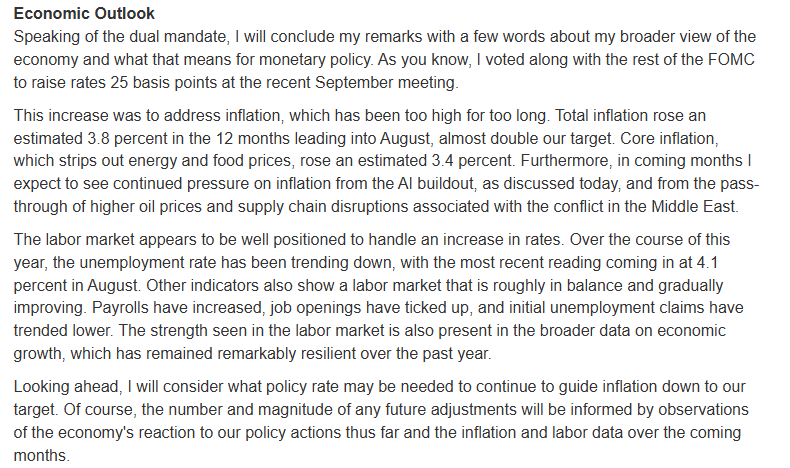 Screenshot of prepared remarks headed Economic Outlook on inflation, a September FOMC hike, labor-market data, and AI and oil price pressures.