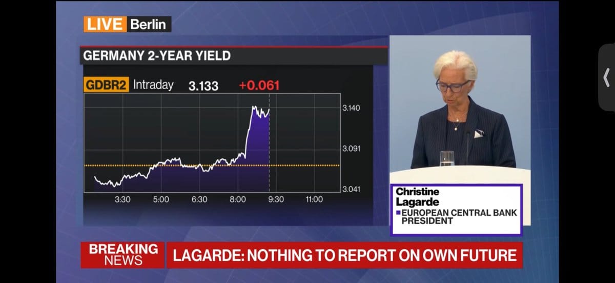 TV graphic of an intraday Germany 2-year yield line chart beside Christine Lagarde speaking at a podium, labeled ECB president.