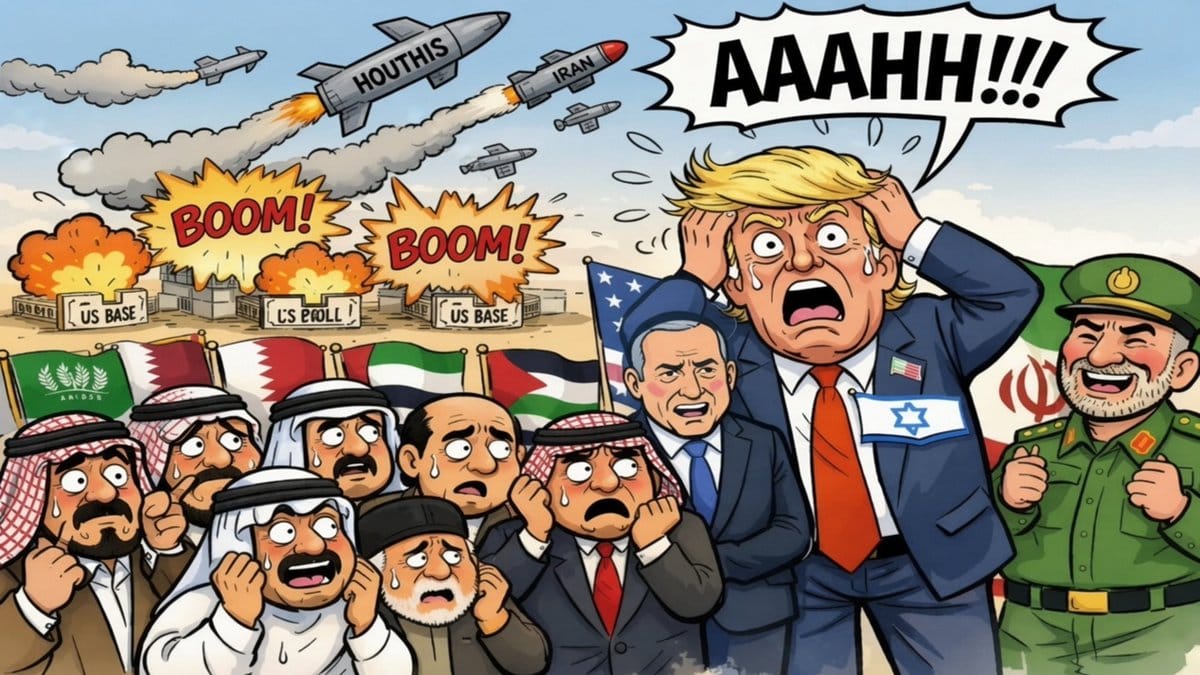 Cartoon of Trump screaming as Houthis and Iran missiles hit US bases; Gulf leaders look alarmed, an Iranian officer laughs.