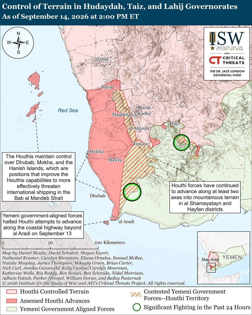 ISW/CTP map of Hudaydah, Taiz, and Lahij as of Sept 14, 2026, showing Houthi-held Red Sea coast including Mokha, Dhubab, and Hanish Islands.