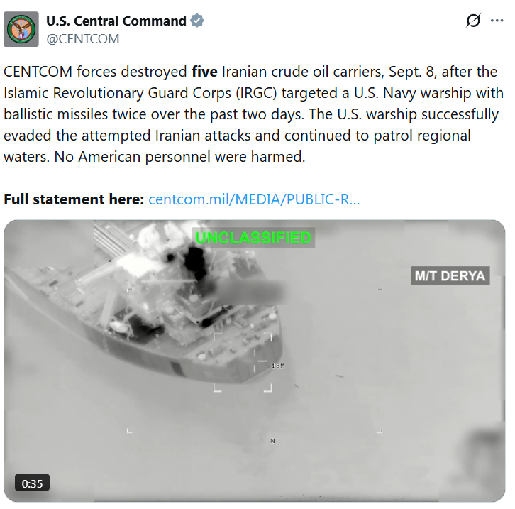 CENTCOM tweet screenshot with grayscale video still of a ship labeled M/T DERYA, UNCLASSIFIED overlay, and smoke on deck.