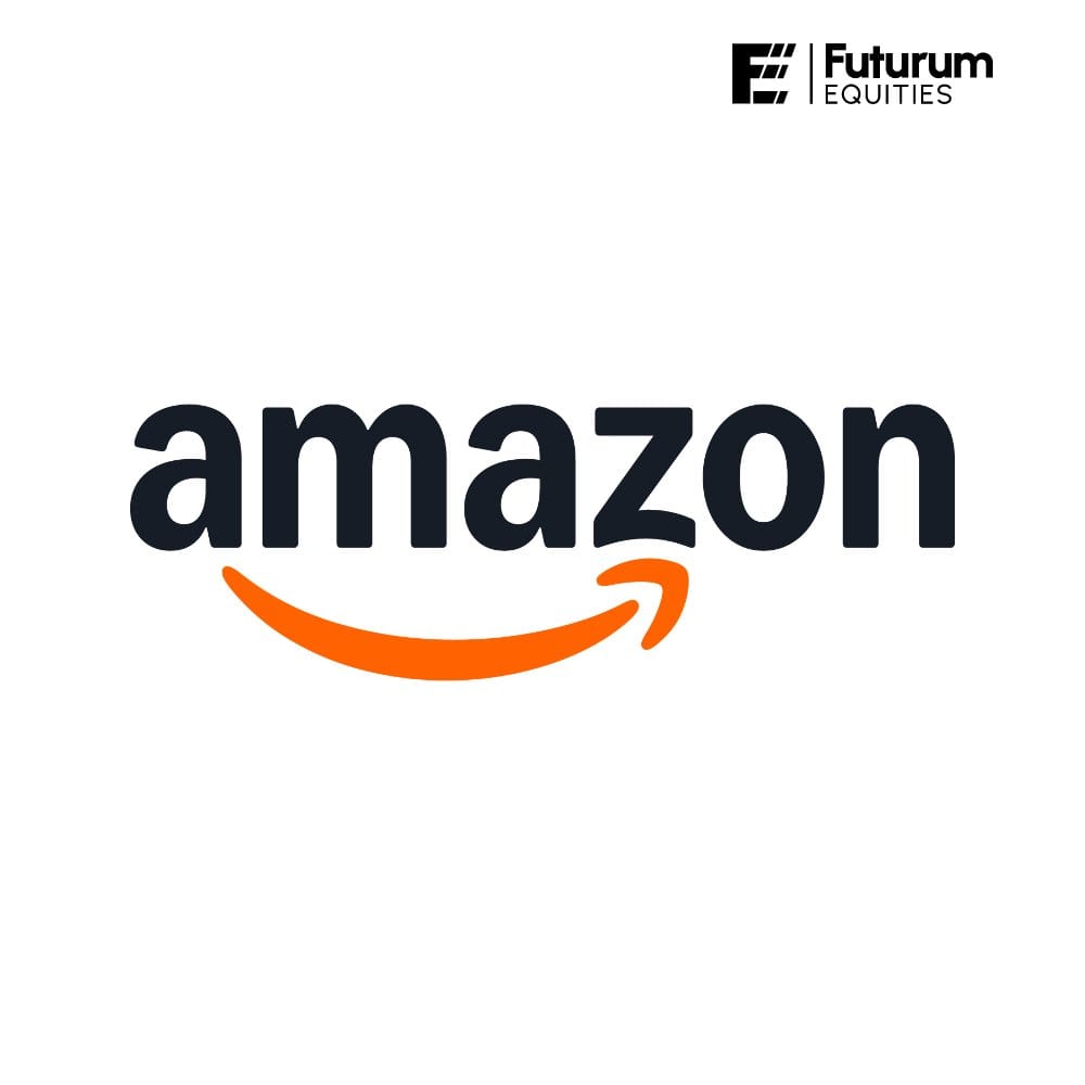 Amazon wordmark with orange smile arrow on white; Futurum Equities logo in the top right.