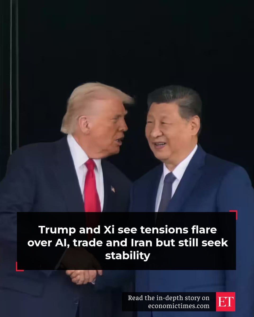 Donald Trump and Xi Jinping in dark suits shaking hands against a dark backdrop, with overlay headline text.