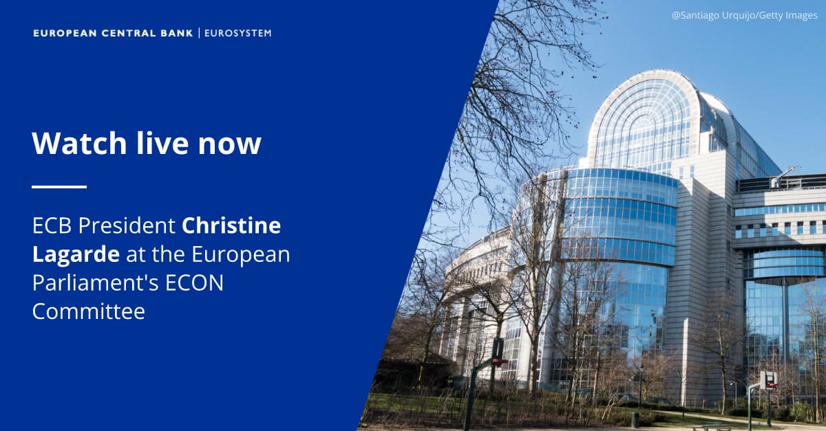 ECB graphic with blue text panel and a photo of a modern glass-and-steel office building under a clear sky.