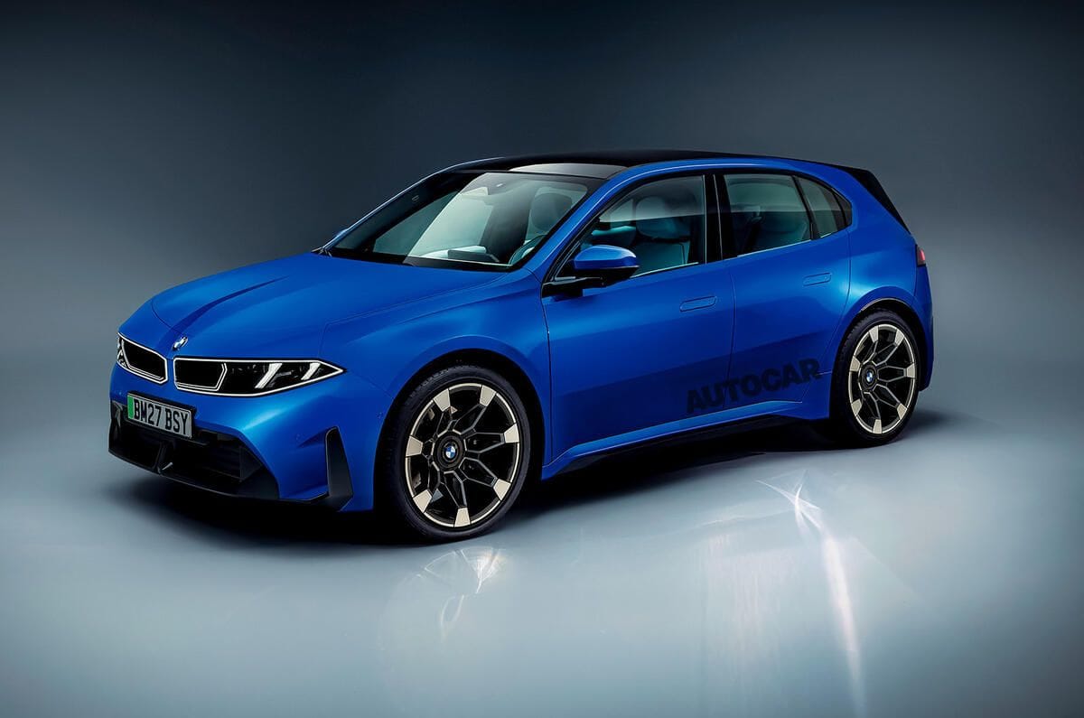 Blue BMW hatchback with black roof, kidney grille, and Autocar lettering on the door, shown in a studio on a reflective floor.