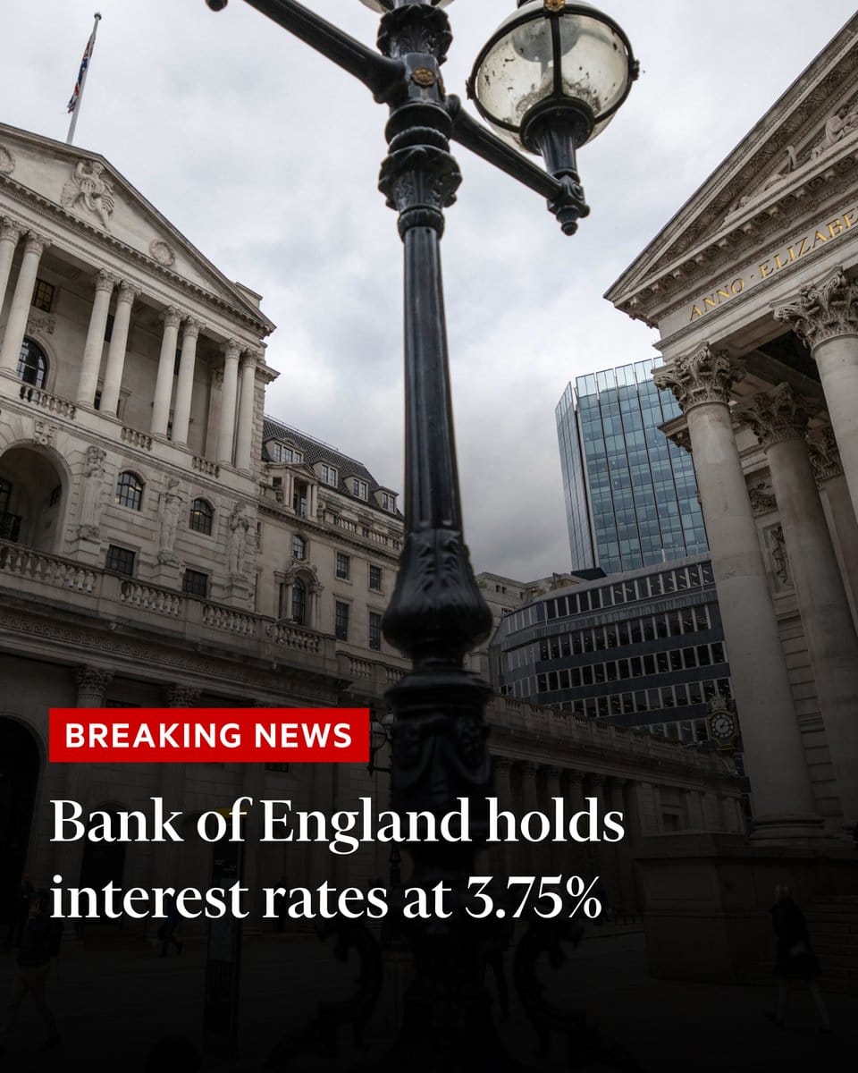 Bank of England buildings in London with a foreground lamppost and overlay text on holding interest rates at 3.75%.