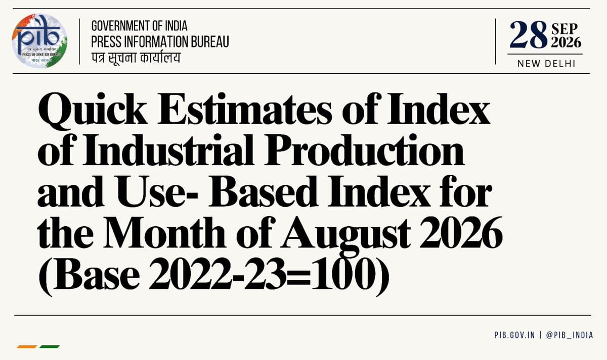 PIB Government of India title card dated 28 Sep 2026 for Quick Estimates of IIP and Use-Based Index for August 2026.