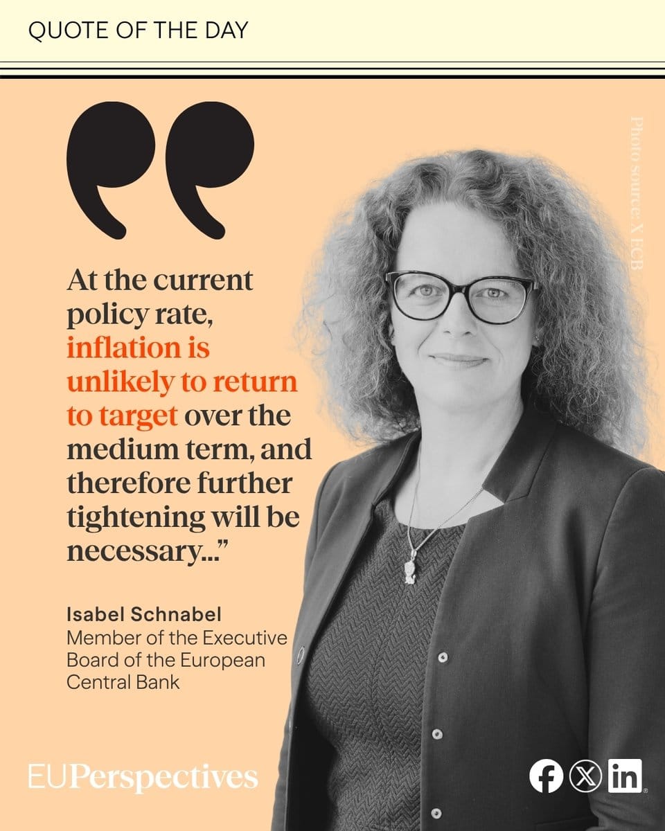 Portrait graphic of Isabel Schnabel beside a Quote of the Day on inflation and further ECB tightening.