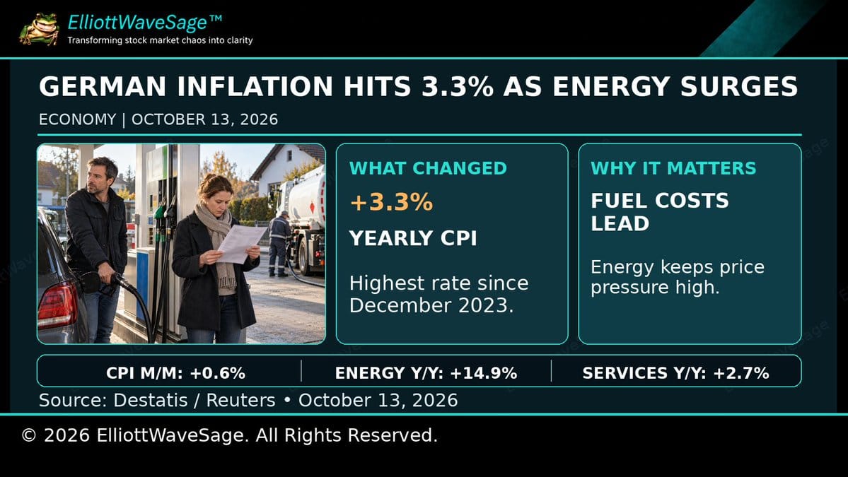 Infographic on German inflation at 3.3% with a gas-station photo, CPI and energy stats, dated October 13, 2026.