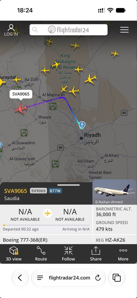 Flightradar24 map of Saudia Boeing 777 SVA9065 airborne northwest of Riyadh, with flight details and a photo of the aircraft.