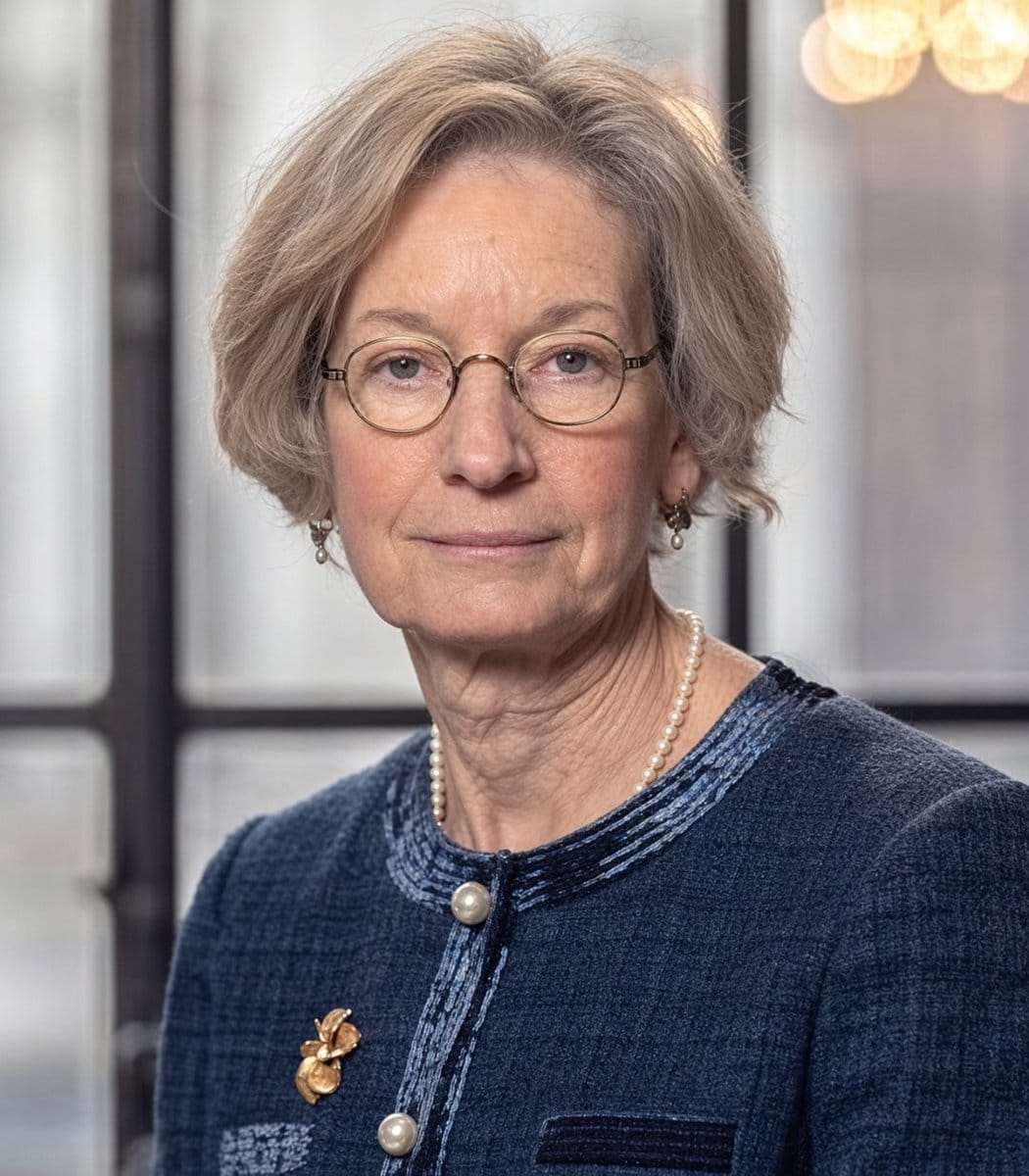 Head-and-shoulders portrait of a woman with short blonde-grey hair, round glasses, pearl necklace and earrings, and a blue textured jacket with a gold brooch.