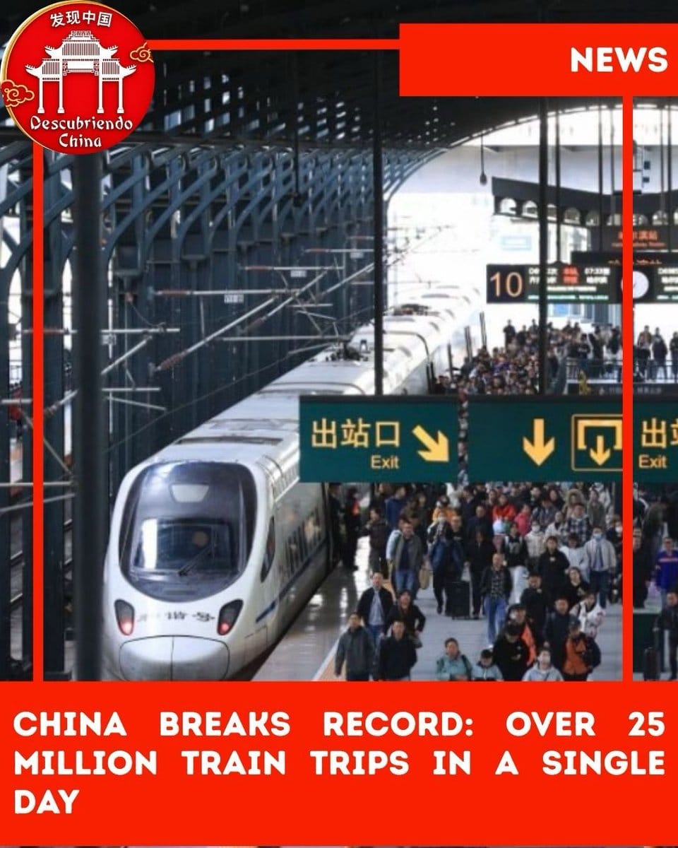 Crowded Chinese high-speed rail station with a white bullet train at the platform, exit signs, and a red news banner about 25 million train trips.