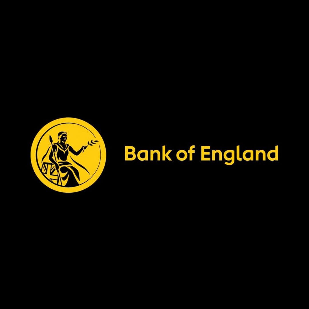 Bank of England logo: yellow circular emblem of seated Britannia with spear and olive branch beside yellow text on a black background.
