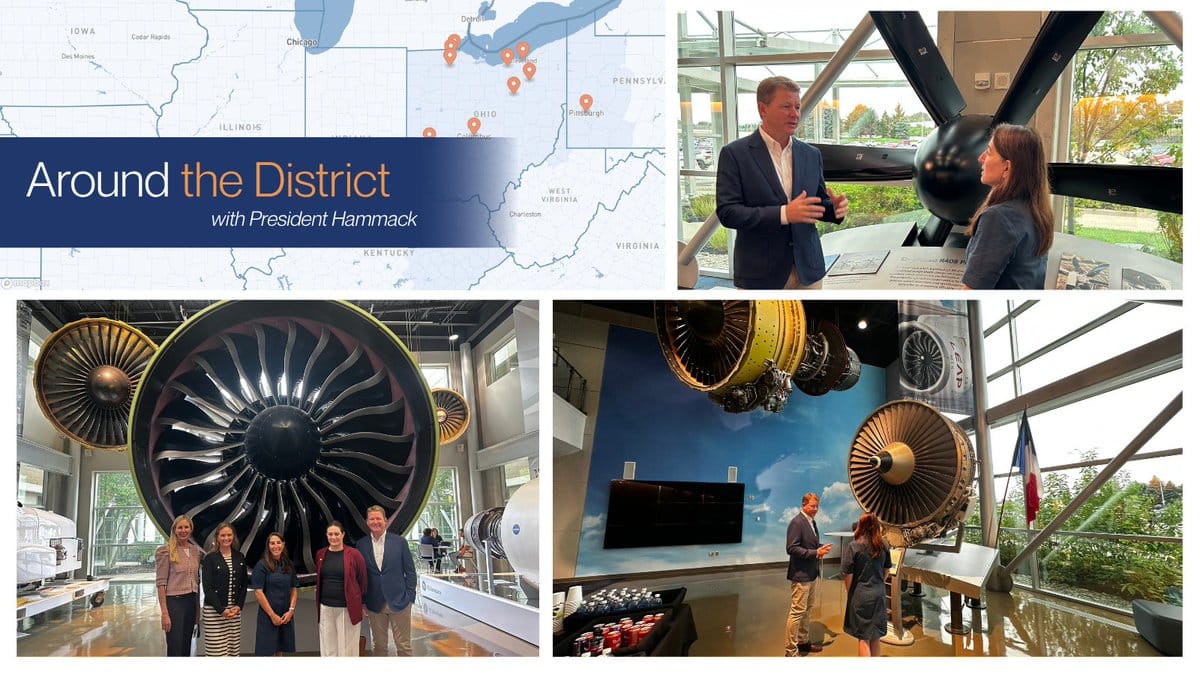 Collage: Midwest map titled Around the District with President Hammack, plus photos of people by large jet engines in a glass-walled exhibit hall.