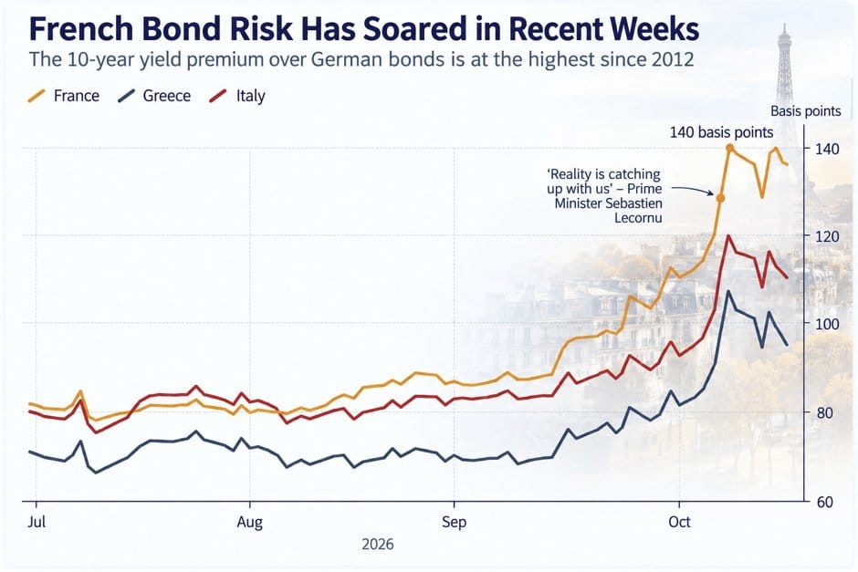 Line chart of France, Greece and Italy 10-year yield premiums over German bonds, July–October 2026; France near 140 bp.