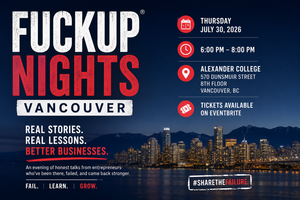 Graphic promoting Fuckup Nights Vancouver with the event details over a Vancouver skyline.