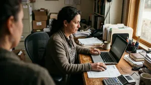 A small business owner sitting at a desk in the back office with a laptop, an invoice, and an adding calculator next to her.